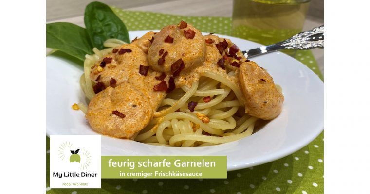 Feurig scharfe Garnelen in cremiger Frischkäsesauce mit Spaghetti