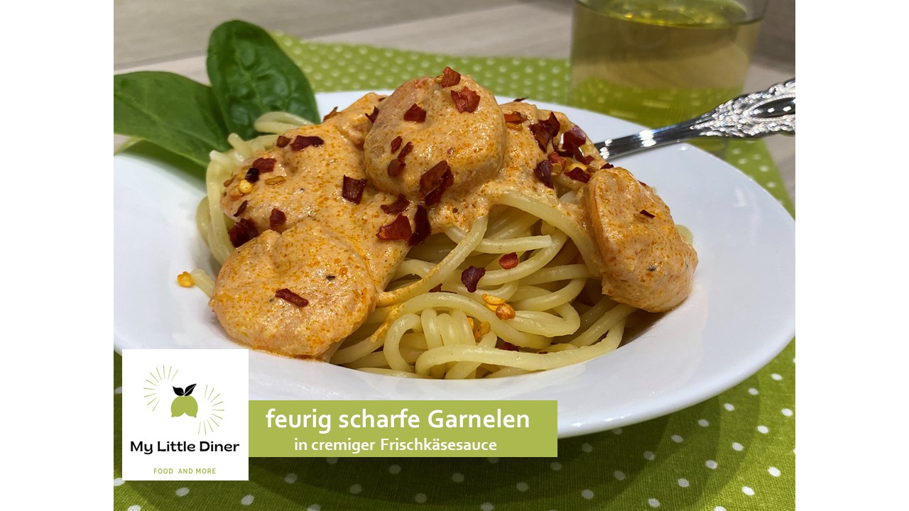 Feurig scharfe Garnelen in cremiger Frischkäsesauce mit Spaghetti