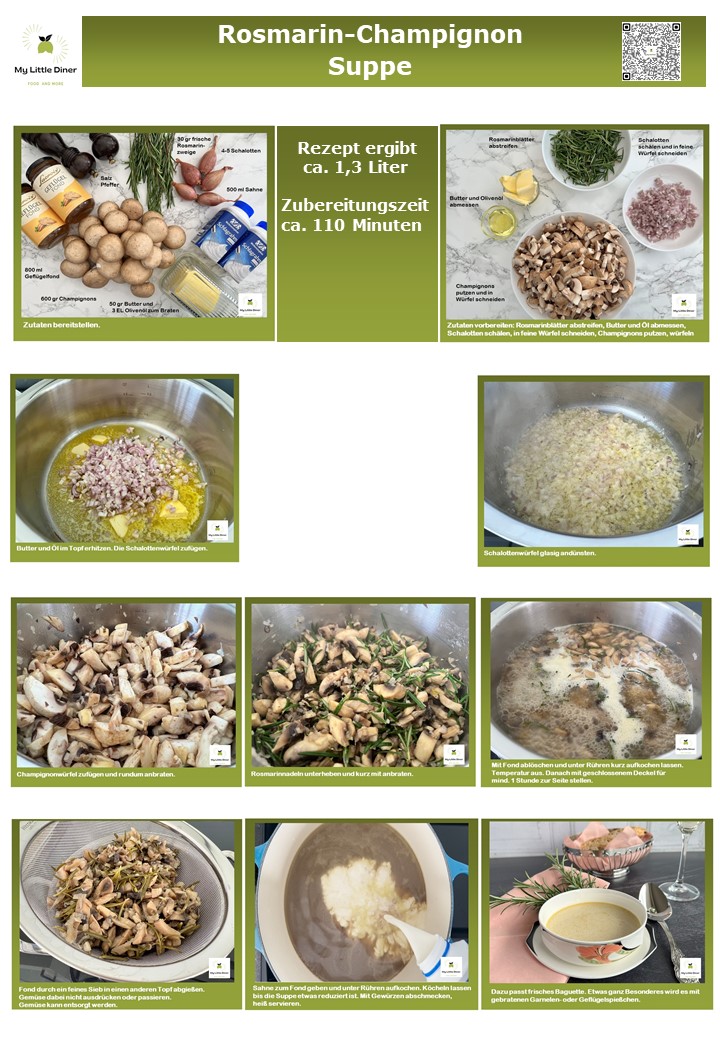 Bild zeigt Kurzanleitung mit Bildern zum Rezept Rosmarin-Champignon Suppe als PDF