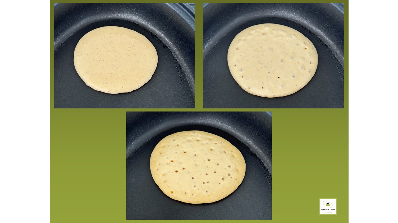 Bild zeigt Rezept Pancakes amerikanische Art - Zubereitungsschritt 9 - Teig Kreise Blasenbildung beobachten