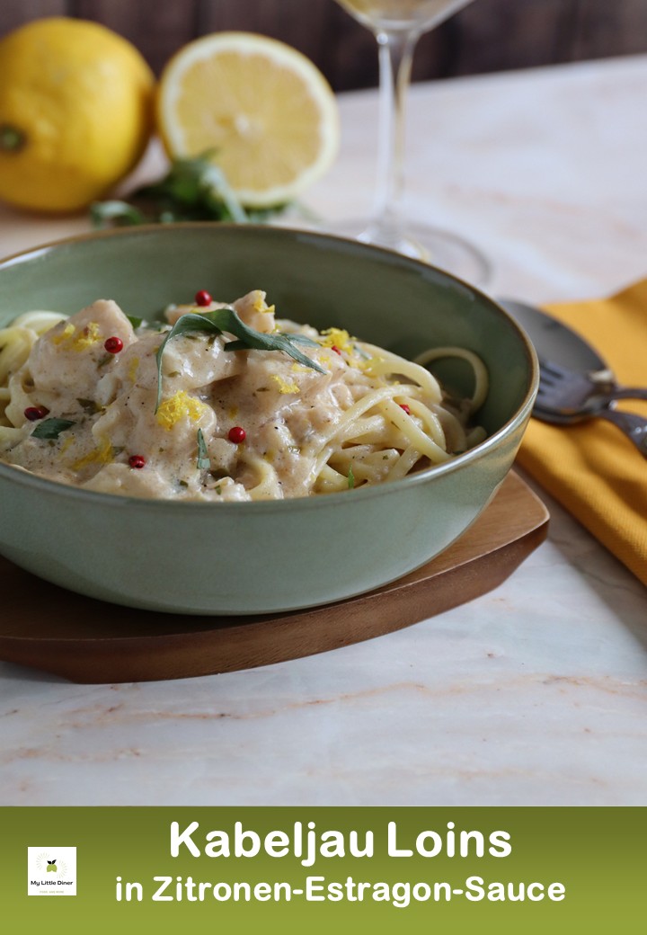 Bild zeigt Rezept Kabeljau Loins in Zitronen-Estragon-Sauce - Pinterest Pin2