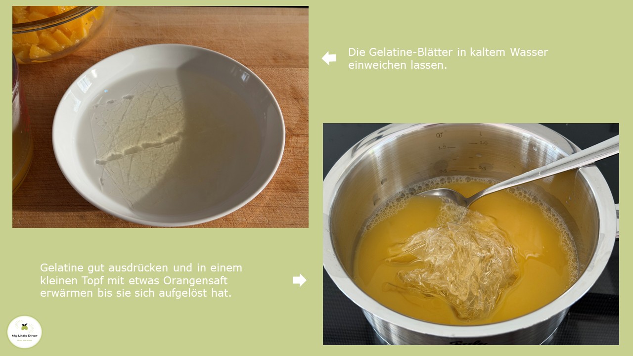 Gelatineblätter liegen in einem weißen tiefen Teller im Wasser, in einem Topf wird die ausgedrückte Gelatine mit etwas Orangensaft aufgelöst