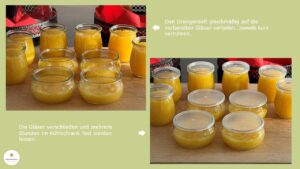 Orangensaft mit aufgelöster Gelatine wird in Dessertgläser mit Orangenfilets gefüllt