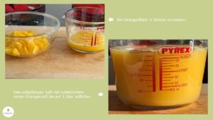 Orangenfilets und aufgefangener Saft getrennt in zwei Gefäßen