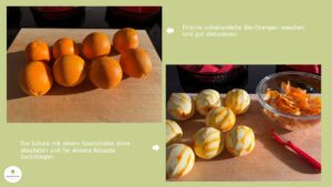 Zwei Bilder zeigen Orangen auf einem Holzbrett und die dünn abgeschälten Schalen