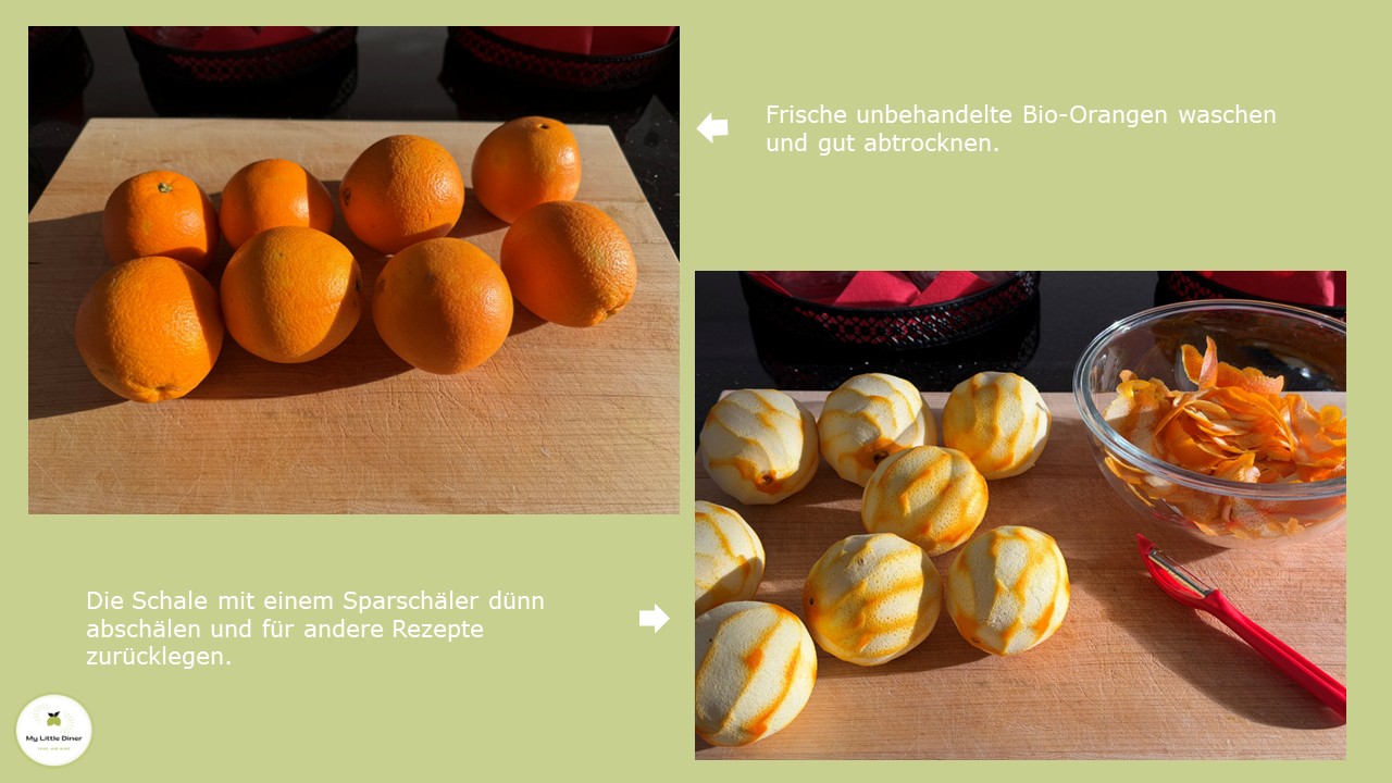 Zwei Bilder zeigen Orangen auf einem Holzbrett und die dünn abgeschälten Schalen