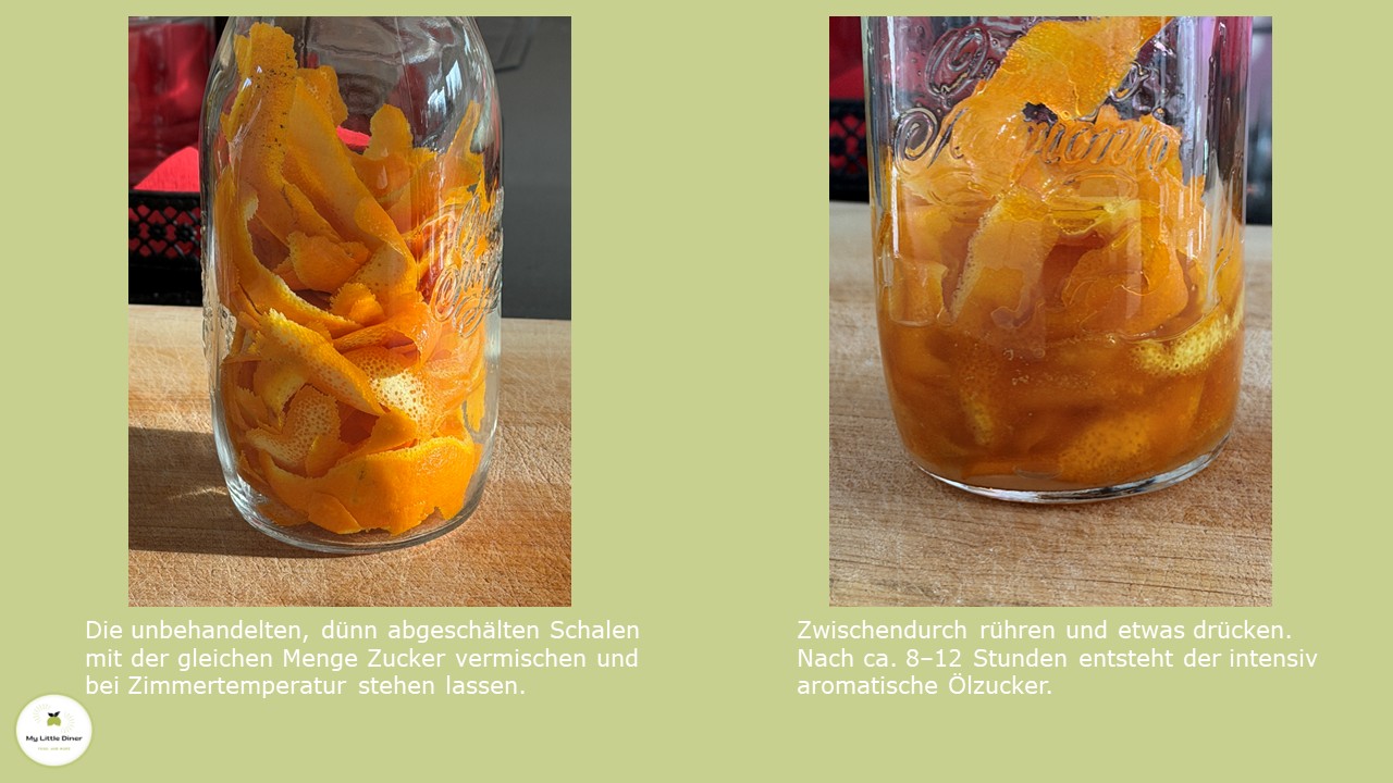 Orangenschalen in einer Glasflasche auf einem hellen Holzbrett