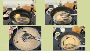 Vier Fotos sind auf einem zusammengefasst und zeigen die ersten Zubereitungsschritte für Hühner Ragout