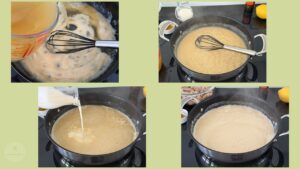 Vier Fotos sind auf einem zusammengefasst und zeigen weitere Zubereitungsschritte für Hühner Ragout