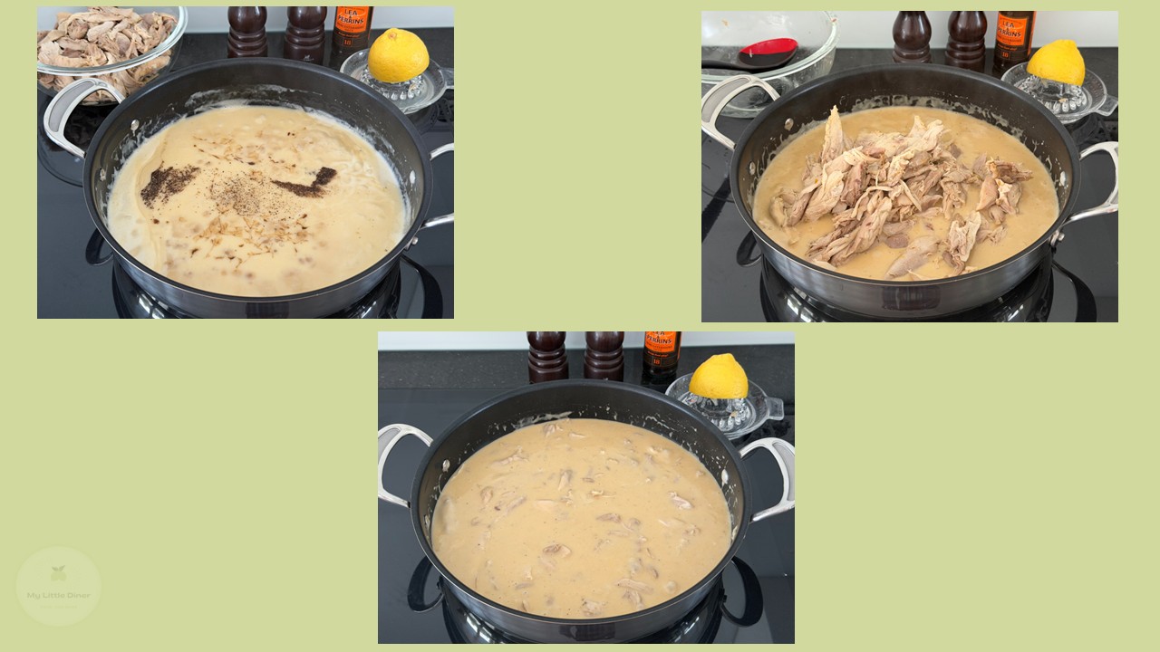 Fotos sind auf einem zusammengefasst und zeigen weitere Zubereitungsschritte für Hühner Ragout