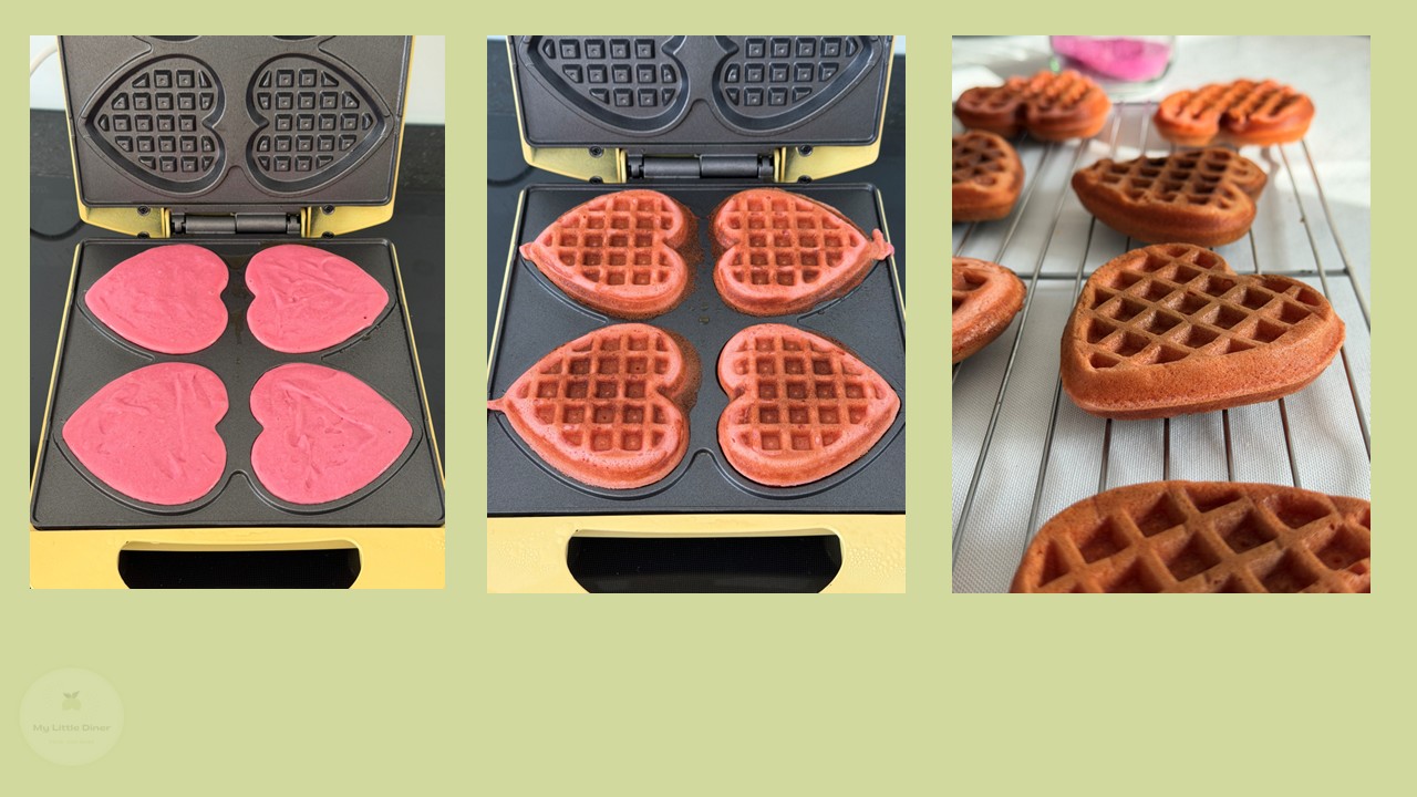 Pinker Teig wird zu Herzwaffeln ausgebacken