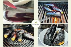 Auberginen werden auf dem Grill über offener Flamme geröstet