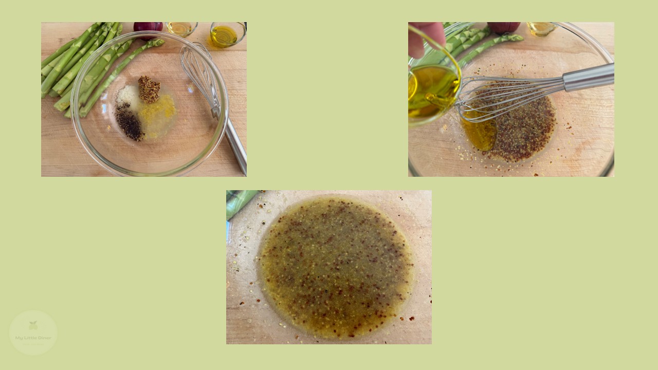 Rezept-Zubereitungsschritte für Zitronen-Senf-Dressing für grünen Spargelsalat